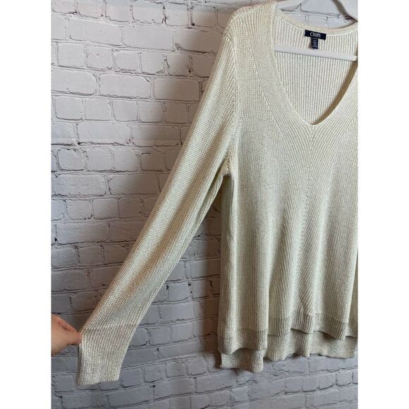CHAPS white cream gold knit V-neck high-low sweater pullover top viscose size XL - Picture 6 of 8